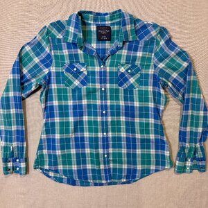 American Eagle Outfitters Women’s Plaid Western Snap Button Shirt Blue Green XL